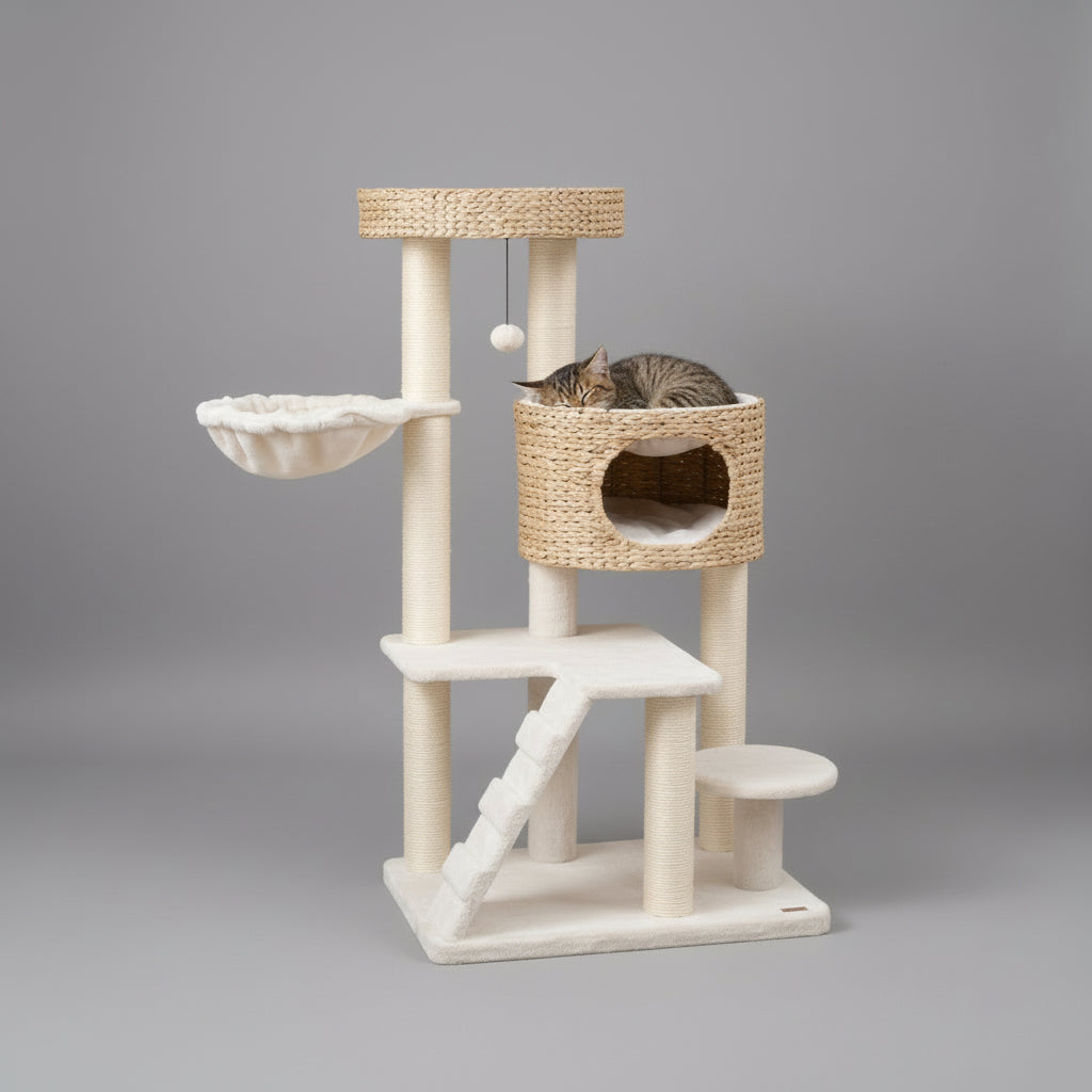 Modern Cat Tree for Indoor Cats with Cattail Fluff Condo and Top Perch-Natural