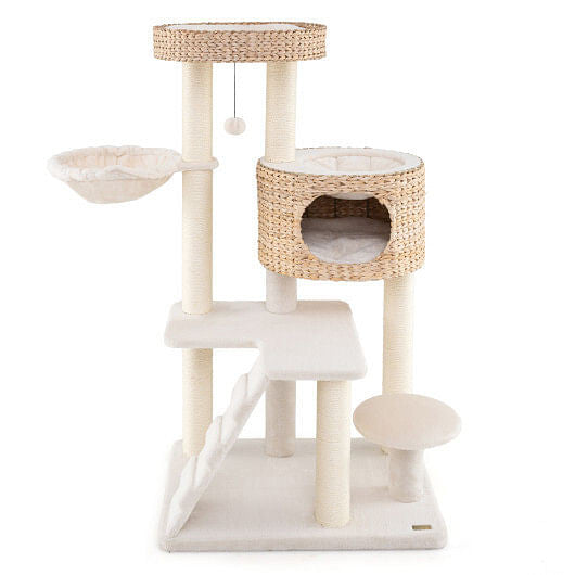 Modern Cat Tree for Indoor Cats with Cattail Fluff Condo and Top Perch-Natural