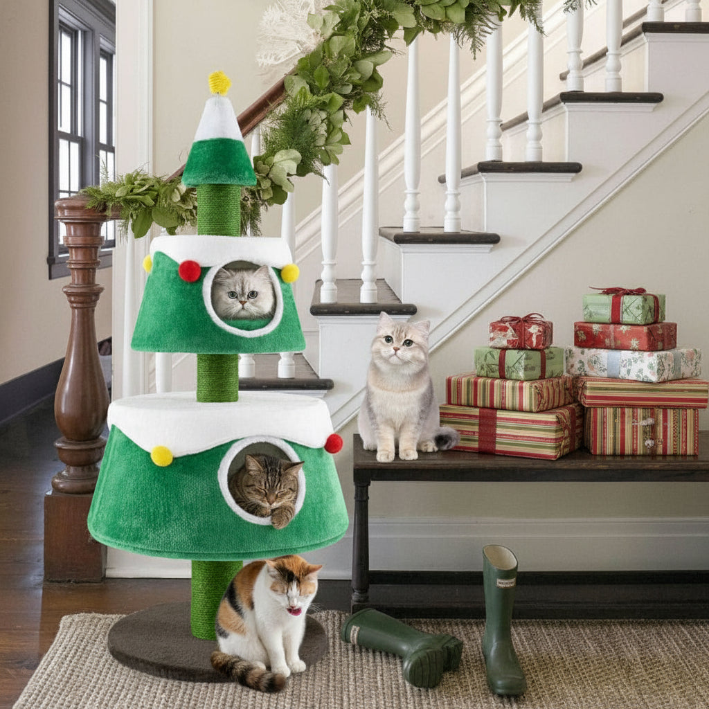Christmas Cat Tree for Indoor Cats Cute Holiday Cat Tower with 2 Condos-Green