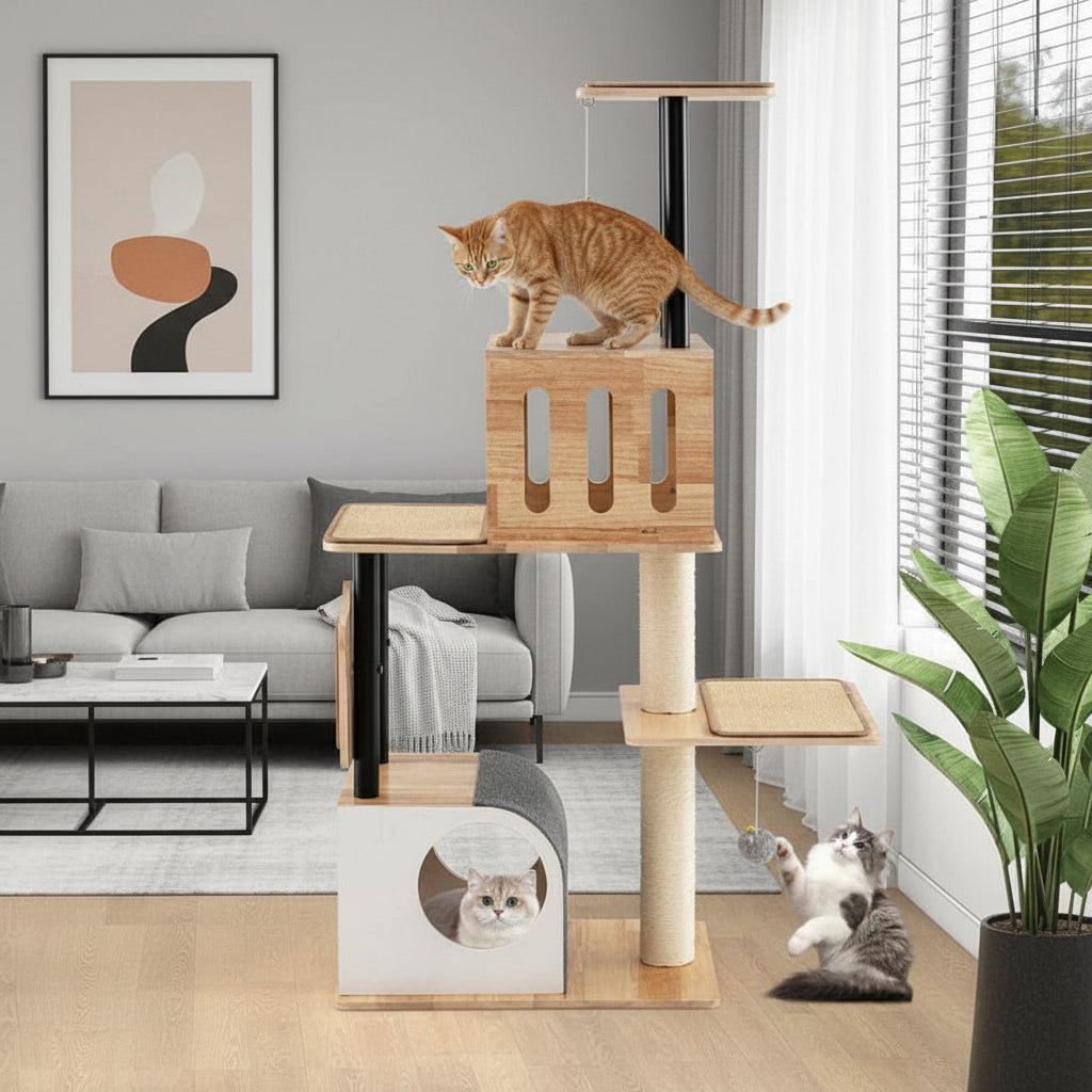 Modern Tall Cat Tower with Double Condos with Dangling Balls and Sisal Carpets-Natural