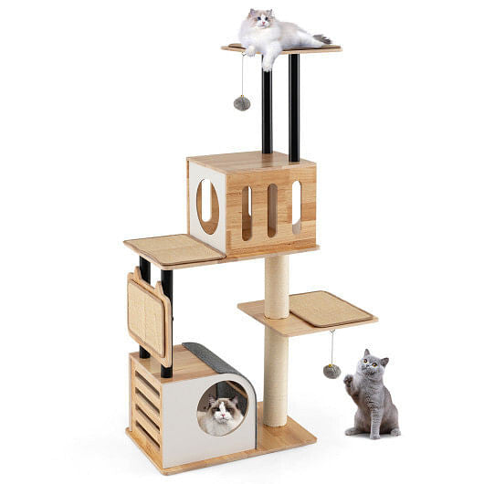 Modern Tall Cat Tower with Double Condos with Dangling Balls and Sisal Carpets-Natural