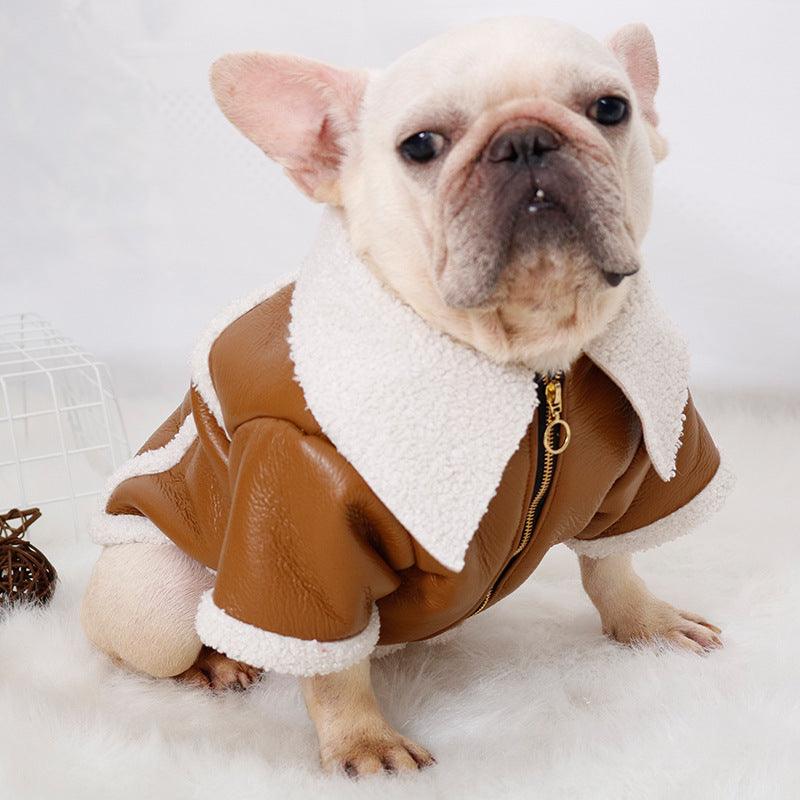 Plush Zipper Warm Faux Leather Dog Jacket